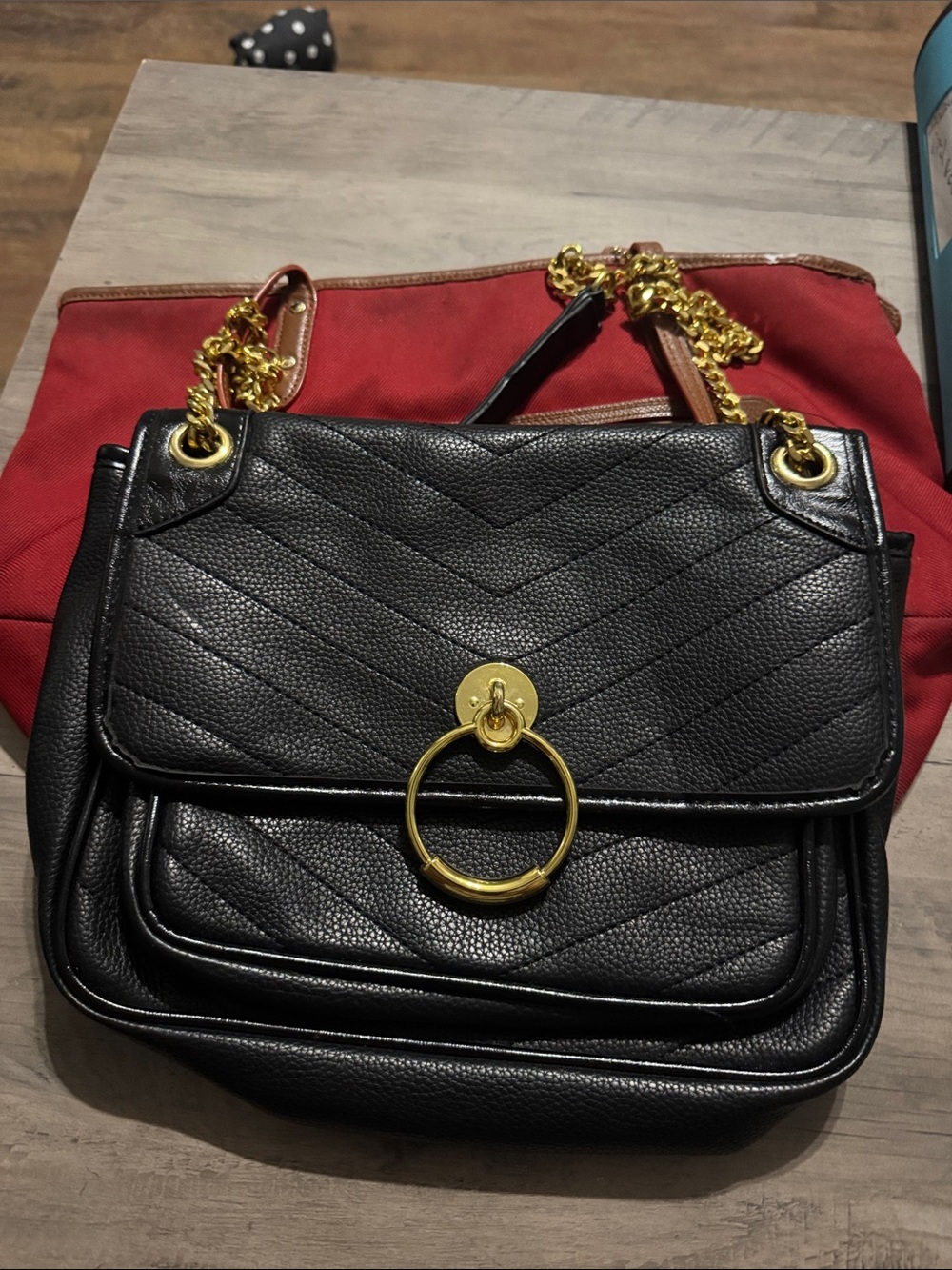 Black Quilted Shoulder Bag with Gold Ring Hardware